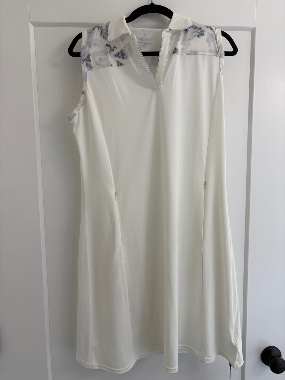 Sleeveless White Polo Dress with Soft Gray Floral Yoke